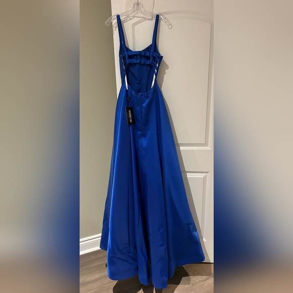 Sherri Hill Scoop Neck Strappy Back Long A Line Satin Dress, Royal Blue 52715 - Picture 5 of 13